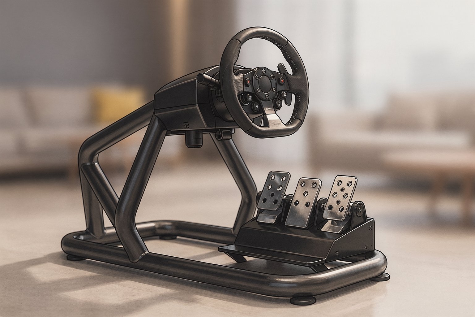 Sim racing cockpit with steering wheel and pedals in a clean indoor simulator lounge