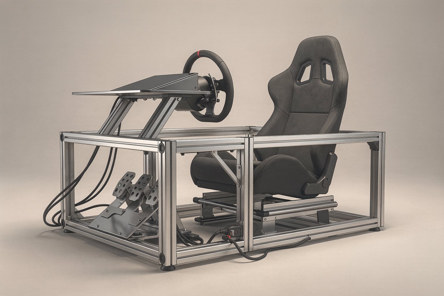 Aluminium profile sim racing cockpit with steering wheel and pedals in a clean indoor simulator setup