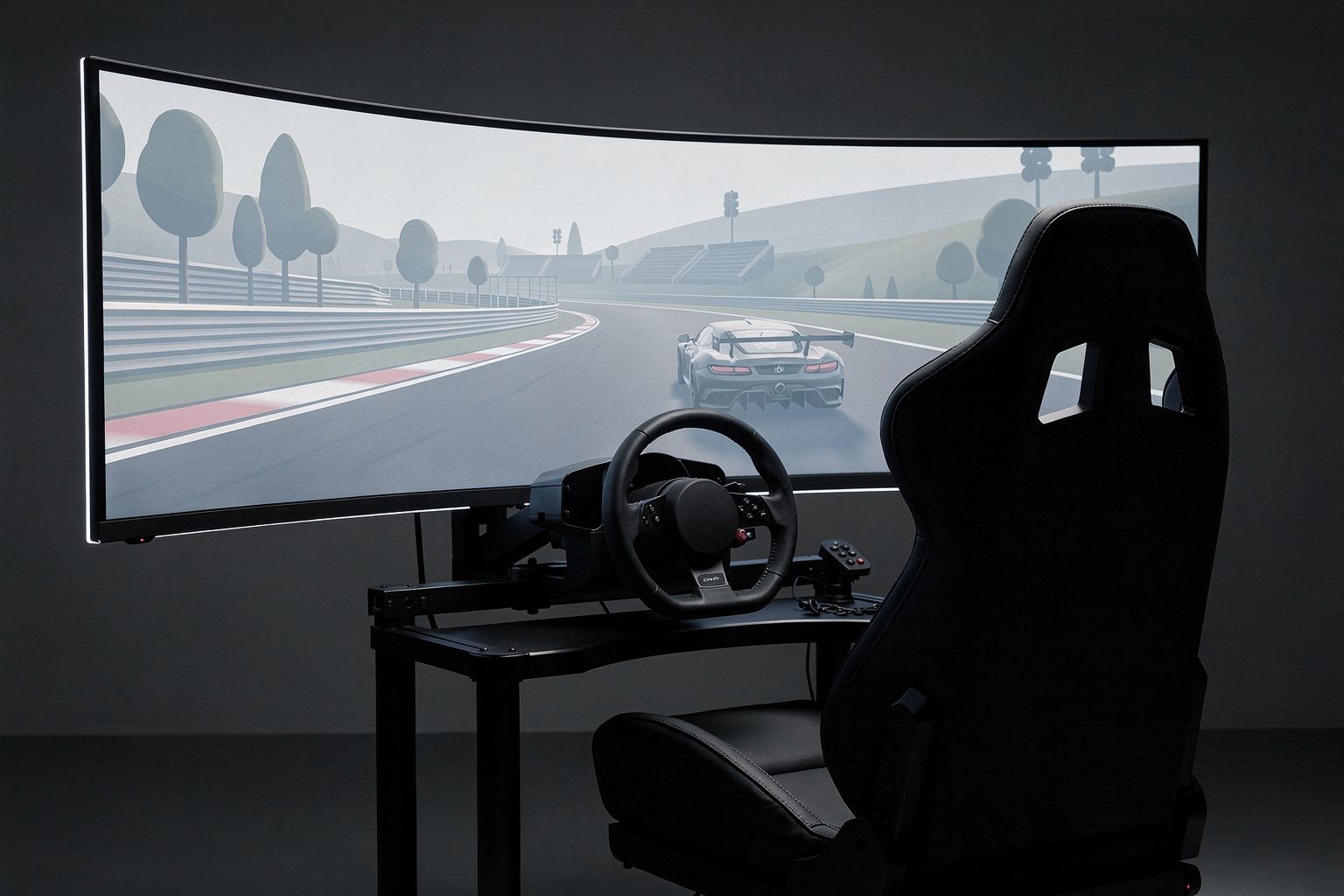 Sim racing cockpit viewed from behind, facing a large curved ultrawide monitor showing a generic racing environment