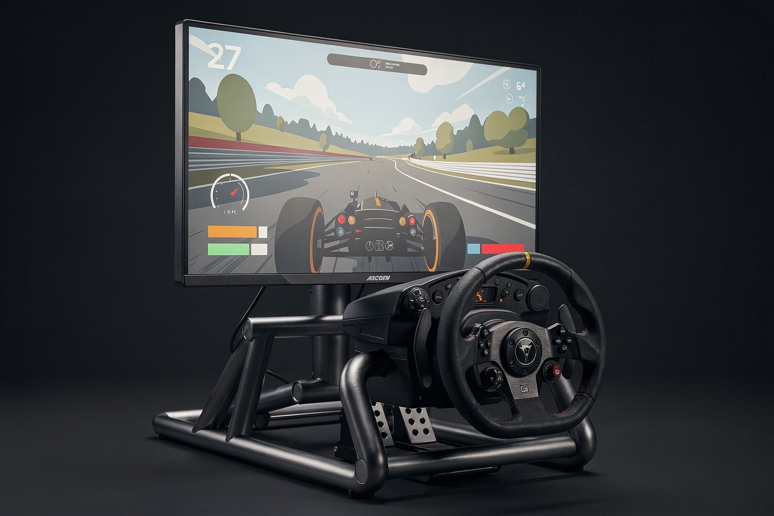 A 27-inch QHD gaming monitor mounted on a sim racing cockpit desk with a steering wheel and pedals visible in the foreground