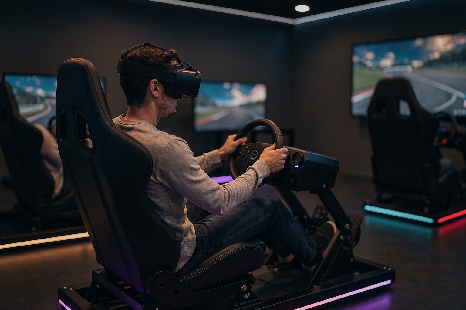 Sim racer wearing a VR headset seated at a full motion simulator cockpit with racing wheel and pedals