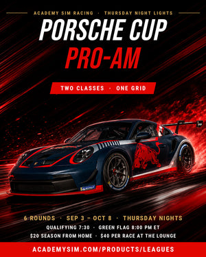 Thursday Night Lights — Porsche Cup Pro-Am. Two classes, one grid. 6 rounds, Sep 3 to Oct 8, Thursday nights. Qualifying 7:30, green flag 8:00 PM ET. $20 season from home, $40 per race at the Tampa lounge.